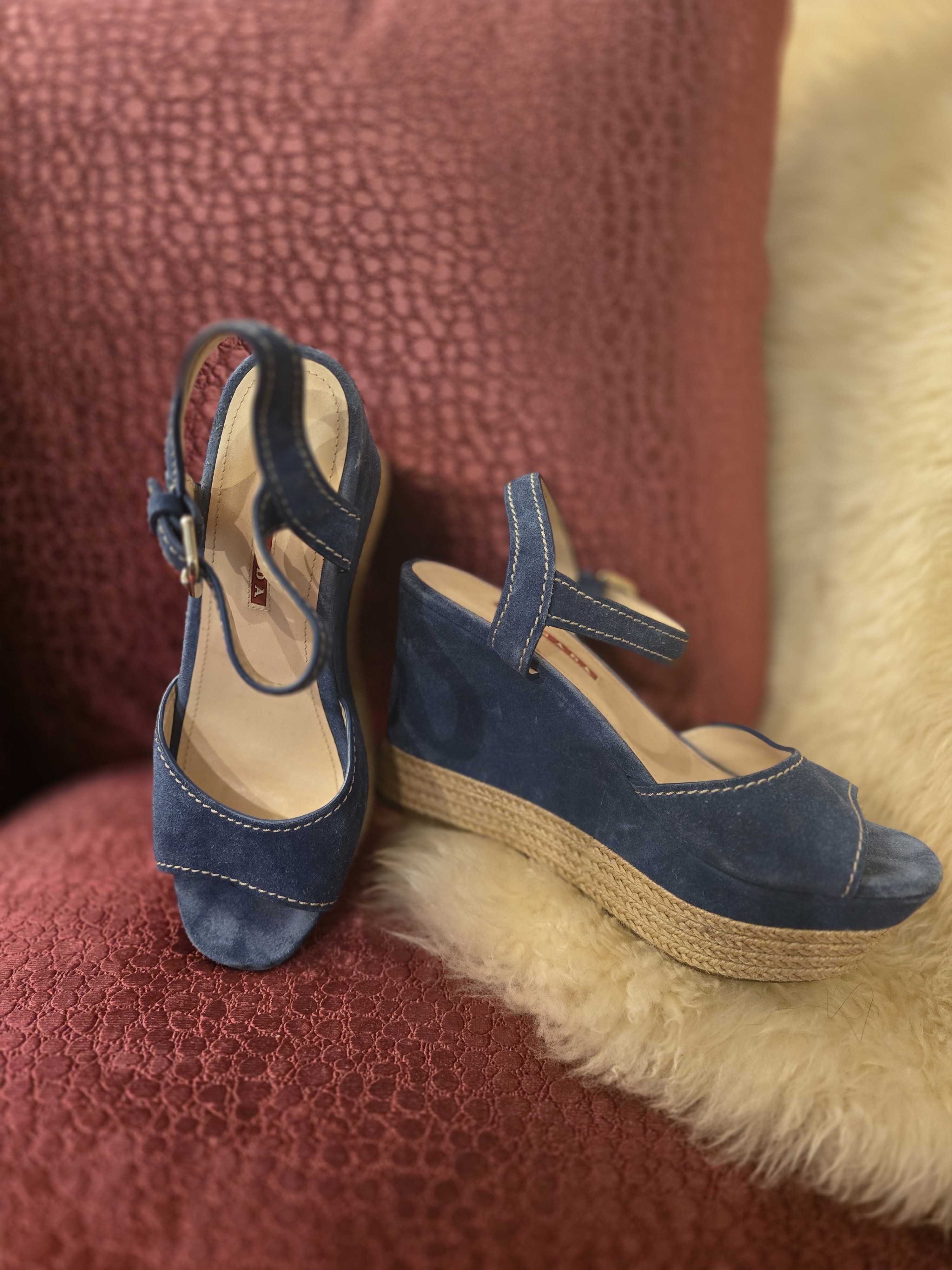 Prada Genuine Blue Suede Wedge Sandals With Ankle Strap